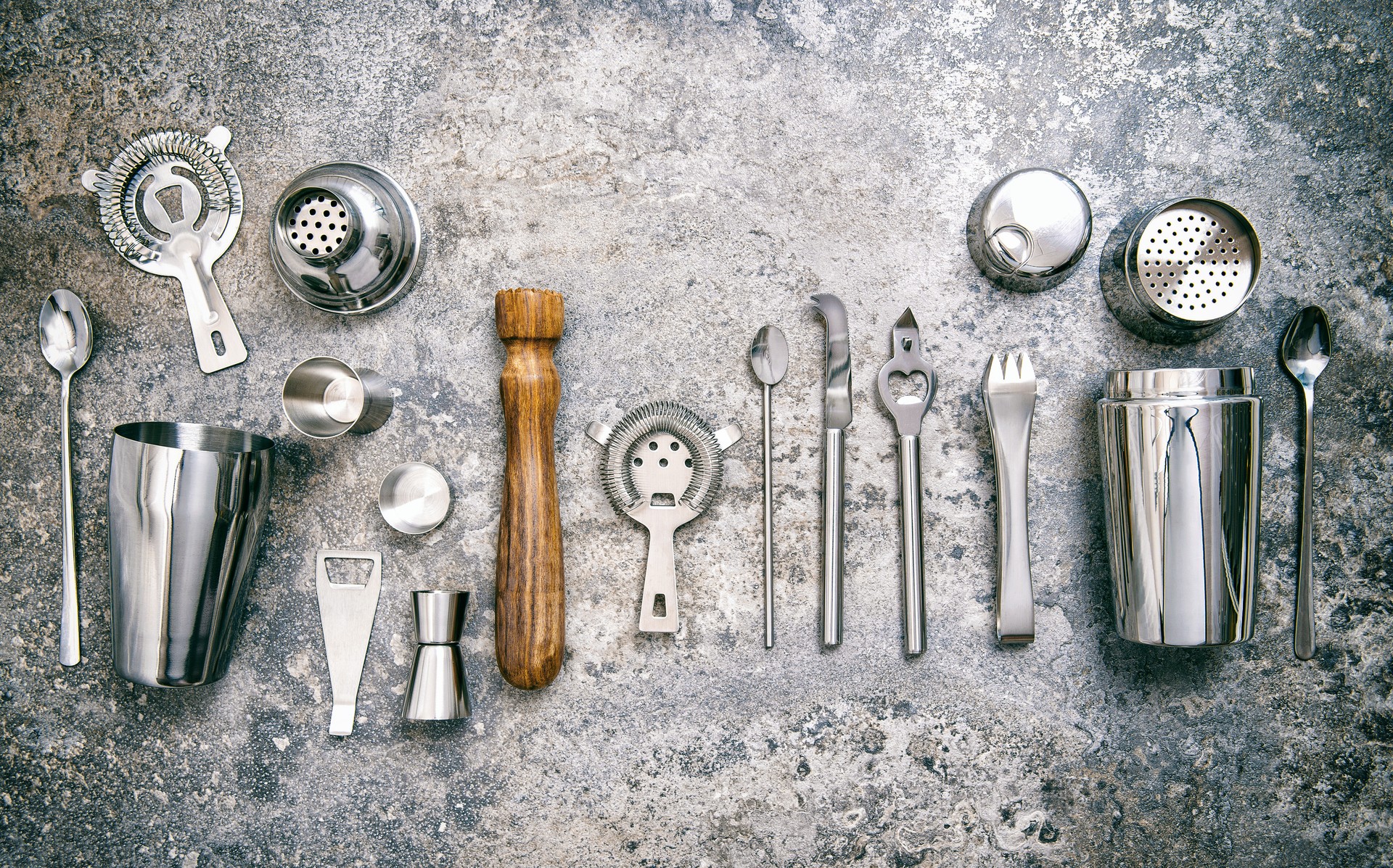 Bar tools making cocktail Shaker jigger Food beverages vintage